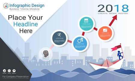 Business infographics template, Milestone timeline or Road map with Process flowchart 4 options, Strategic plan to define company values, Scheduling in project management to make facts and statistics.のイラスト素材