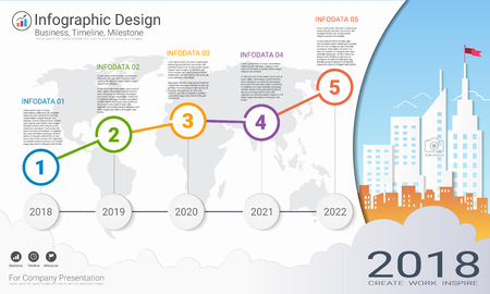 Business infographics template, Milestone timeline or Road map with Process flowchart 5 options, Strategic plan to define company values, Scheduling in project management to make facts and statistics.のイラスト素材