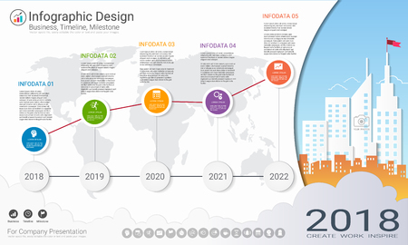 Business infographics template, Milestone timeline or Road map with Process flowchart 5 options, Strategic plan to define company values, Scheduling in project management to make facts and statistics.のイラスト素材