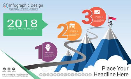 Business infographics report, Milestone timeline or Road map with Process flowchart 3 options, Strategic plan to define company values, Scheduling in project management to make facts and statistics.のイラスト素材