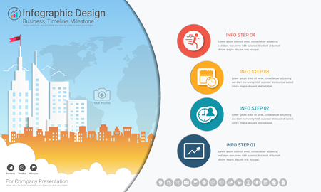 Business infographics template, Milestone timeline or Road map with Process flowchart 4 options, Strategic plan to define company values, Scheduling in project management to make facts and statistics.のイラスト素材