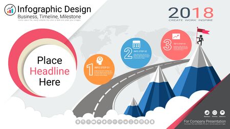 Business infographics report, Milestone timeline or Road map with Process flowchart 3 options, Strategic plan to define company values, Scheduling in project management to make facts and statistics.のイラスト素材