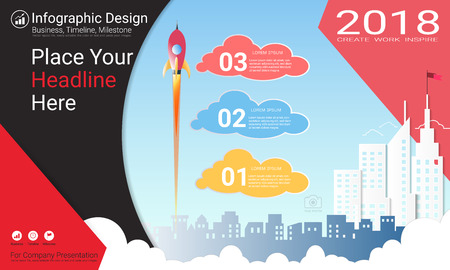 Business infographics report, Milestone timeline or Road map with Process flowchart 3 options, Strategic plan to define company values, Scheduling in project management to make facts and statistics.のイラスト素材