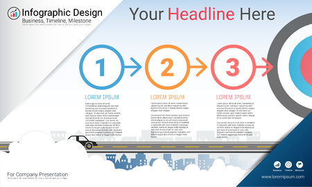 Business infographics report, Milestone timeline or Road map with Process flowchart 3 options, Strategic plan to define company values, Scheduling in project management to make facts and statistics.のイラスト素材
