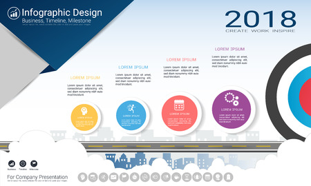 Business infographics template, Milestone timeline or Road map with Process flowchart 4 options, Strategic plan to define company values, Scheduling in project management to make facts and statistics.のイラスト素材