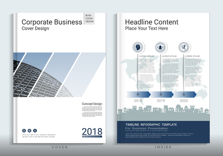 Cover book design template with presentation infographics elements, Use for annual report, proposal, portfolio, brochure, flyer, leaflet, catalog, magazine, booklet, Vector template in A4 layout.のイラスト素材