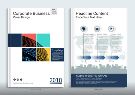 Cover book design template with presentation infographics elements, Use for annual report, proposal, portfolio, brochure, flyer, leaflet, catalog, magazine, booklet, Vector template in A4 layout.のイラスト素材