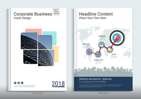 Cover book design template with presentation infographics elements, Use for annual report, proposal, portfolio, brochure, flyer, leaflet, catalog, magazine, booklet, Vector template in A4 layout.のイラスト素材