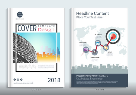 Cover book design template with presentation infographics elements with map and chart  Use for annual report, proposal, portfolio, brochure, flyer, leaflet, catalog, magazine, booklet, Vector template in A4 layout.のイラスト素材