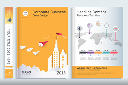 Corporate business cover book design template with infographics elements, Use for annual report, brochure, flyer, leaflet, sale kit, catalog, magazine, booklet, portfolio, poster, Vector template in A4 layout.のイラスト素材