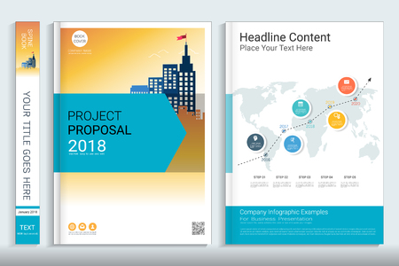 Corporate business cover book design template with infographics elements, Use for annual report, brochure, flyer, leaflet, sale kit, catalog, magazine, booklet, portfolio, poster, Vector template in A4 layout.のイラスト素材