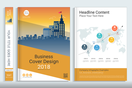 Corporate business cover book design template with infographics elements, Use for annual report, brochure, flyer, leaflet, sale kit, catalog, magazine, booklet, portfolio, poster, Vector template in A4 layout.のイラスト素材