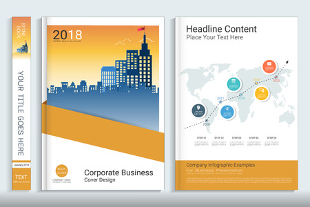 Corporate business cover book design template with infographics elements, Use for annual report, brochure, flyer, leaflet, sale kit, catalog, magazine, booklet, portfolio, poster, Vector template in A4 layout.のイラスト素材