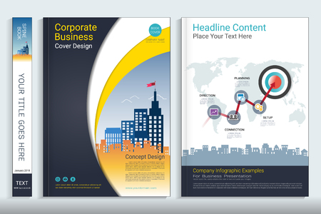 Corporate business cover book design template with infographics elements, Use for annual report, brochure, flyer, leaflet, sale kit, catalog, magazine, booklet, portfolio, poster, Vector template in A4 layout.のイラスト素材