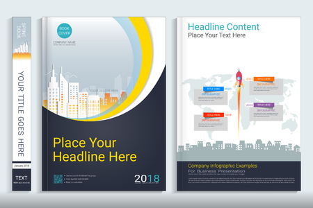 Corporate business cover book design template with infographics elements, Use for annual report, brochure, flyer, leaflet, sale kit, catalog, magazine, booklet, portfolio, poster, Vector template in A4 layout.のイラスト素材