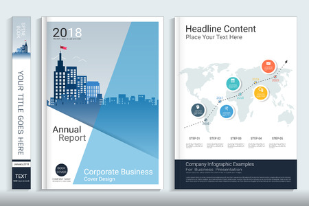 Corporate business cover book design template with infographics elements, Use for annual report, brochure, flyer, leaflet, sale kit, catalog, magazine, booklet, portfolio, poster, Vector template in A4 layout.のイラスト素材