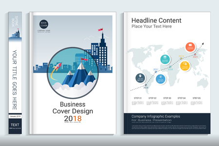 Corporate business cover book design template with infographics elements, Use for annual report, brochure, flyer, leaflet, sale kit, catalog, magazine, booklet, portfolio, poster, Vector template in A4 layout.のイラスト素材