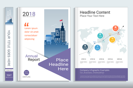 Corporate business cover book design template with infographics elements, Use for annual report, brochure, flyer, leaflet, sale kit, catalog, magazine, booklet, portfolio, poster, Vector template in A4 layout.のイラスト素材