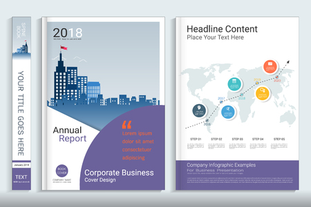 Corporate business cover book design template with infographics elements, Use for annual report, brochure, flyer, leaflet, sale kit, catalog, magazine, booklet, portfolio, poster, Vector template in A4 layout.のイラスト素材