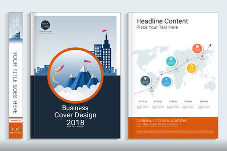 Corporate business cover book design template with infographics elements, Use for annual report, brochure, flyer, leaflet, sale kit, catalog, magazine, booklet, portfolio, poster, Vector template in A4 layout.のイラスト素材
