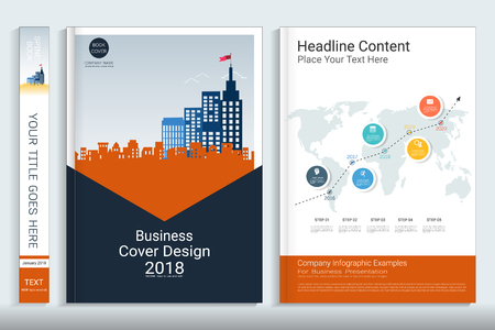 Corporate business cover book design template with infographics elements, Use for annual report, brochure, flyer, leaflet, sale kit, catalog, magazine, booklet, portfolio, poster, Vector template in A4 layout.のイラスト素材