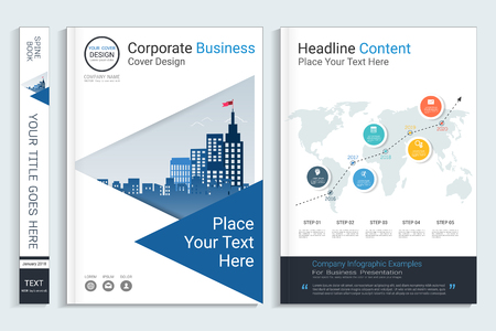 Corporate business cover book design template with infographics elements, Use for annual report, brochure, flyer, leaflet, sale kit, catalog, magazine, booklet, portfolio, poster, Vector template in A4 layout.のイラスト素材