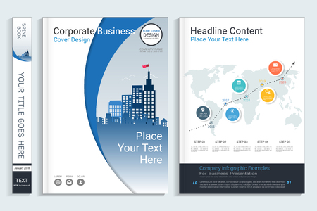 Corporate business cover book design template with infographics elements, Use for annual report, brochure, flyer, leaflet, sale kit, catalog, magazine, booklet, portfolio, poster, Vector template in A4 layout.のイラスト素材