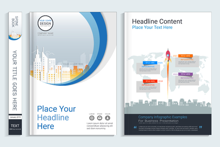 Corporate business cover book design template with infographics elements, Use for annual report, brochure, flyer, leaflet, sale kit, catalog, magazine, booklet, portfolio, poster, Vector template in A4 layout.のイラスト素材