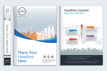 Corporate business cover book design template with infographics elements, Use for annual report, brochure, flyer, leaflet, sale kit, catalog, magazine, booklet, portfolio, poster, Vector template in A4 layout.のイラスト素材