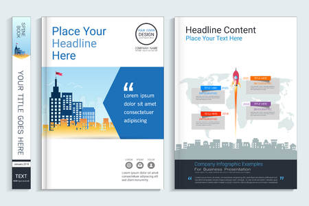 Corporate business cover book design template with infographics elements, Use for annual report, brochure, flyer, leaflet, sale kit, catalog, magazine, booklet, portfolio, poster, Vector template in A4 layout.のイラスト素材