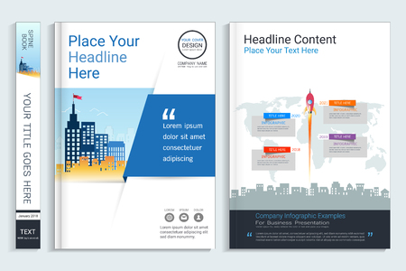 Corporate business cover book design template with infographics elements, Use for annual report, brochure, flyer, leaflet, sale kit, catalog, magazine, booklet, portfolio, poster, Vector template in A4 layout.のイラスト素材