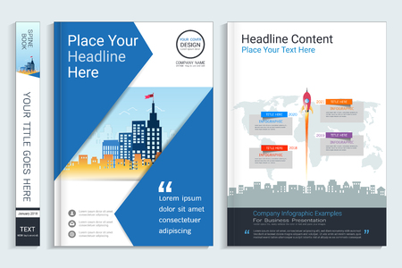 Corporate business cover book design template with infographics elements, Use for annual report, brochure, flyer, leaflet, sale kit, catalog, magazine, booklet, portfolio, poster, Vector template in A4 layout.のイラスト素材
