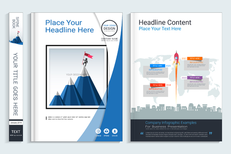 Corporate business cover book design template with infographics elements, Use for annual report, brochure, flyer, leaflet, sale kit, catalog, magazine, booklet, portfolio, poster, Vector template in A4 layout.のイラスト素材