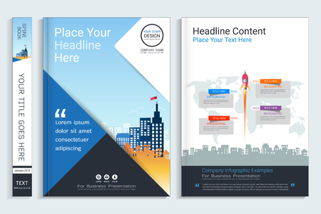 Corporate business cover book design template with infographics elements, Use for annual report, brochure, flyer, leaflet, sale kit, catalog, magazine, booklet, portfolio, poster, Vector template in A4 layout.のイラスト素材