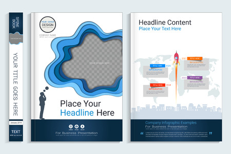 Corporate business cover book design template with infographics elements, Use for annual report, brochure, flyer, leaflet, sale kit, catalog, magazine, booklet, portfolio, poster, Vector template in A4 layout.のイラスト素材