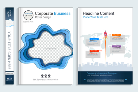 Corporate business cover book design template with infographics elements, Use for annual report, brochure, flyer, leaflet, sale kit, catalog, magazine, booklet, portfolio, poster, Vector template in A4 layout.のイラスト素材