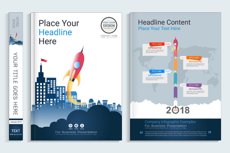 Corporate business cover book design template with infographics elements, Use for annual report, brochure, flyer, leaflet, sale kit, catalog, magazine, booklet, portfolio, poster, Vector template in A4 layout.のイラスト素材