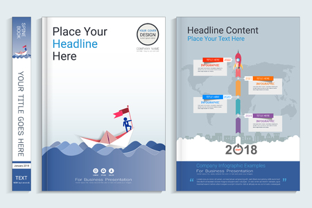 Corporate business cover book design template with infographics elements, Use for annual report, brochure, flyer, leaflet, sale kit, catalog, magazine, booklet, portfolio, poster, Vector template in A4 layout.のイラスト素材