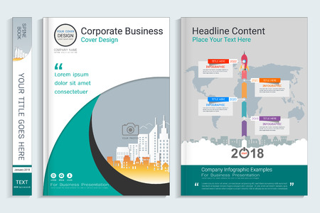 Corporate business cover book design template with infographics elements, Use for annual report, brochure, flyer, leaflet, sale kit, catalog, magazine, booklet, portfolio, poster, Vector template in A4 layout.のイラスト素材