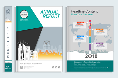 Corporate business cover book design template with infographics elements, Use for annual report, brochure, flyer, leaflet, sale kit, catalog, magazine, booklet, portfolio, poster, Vector template in A4 layout.のイラスト素材