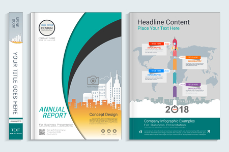 Corporate business cover book design template with infographics elements, Use for annual report, brochure, flyer, leaflet, sale kit, catalog, magazine, booklet, portfolio, poster, Vector template in A4 layout.のイラスト素材