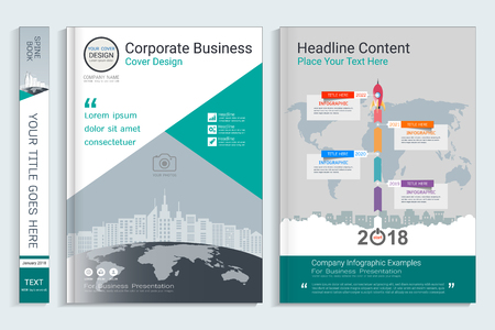 Corporate business cover book design template with infographics elements, Use for annual report, brochure, flyer, leaflet, sale kit, catalog, magazine, booklet, portfolio, poster, Vector template in A4 layout.のイラスト素材