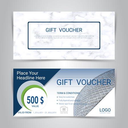 Gift certificates and vouchers, discount coupon or banner web template with marble texture imitation background, clean and modern pattern design for make an image of the product your company offers.のイラスト素材