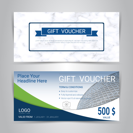 Gift certificates and vouchers, discount coupon or banner web template with marble texture imitation background, clean and modern pattern design for make an image of the product your company offers.のイラスト素材