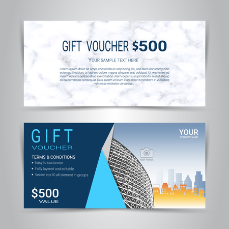 Gift certificates and vouchers, discount coupon or banner web template with marble texture imitation background, clean and modern pattern design for make an image of the product your company offers.のイラスト素材
