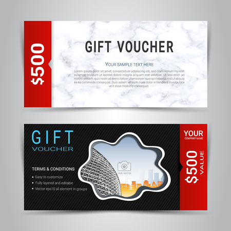 Gift certificates and vouchers, discount coupon or banner web template with marble texture imitation background, clean and modern pattern design for make an image of the product your company offers.のイラスト素材