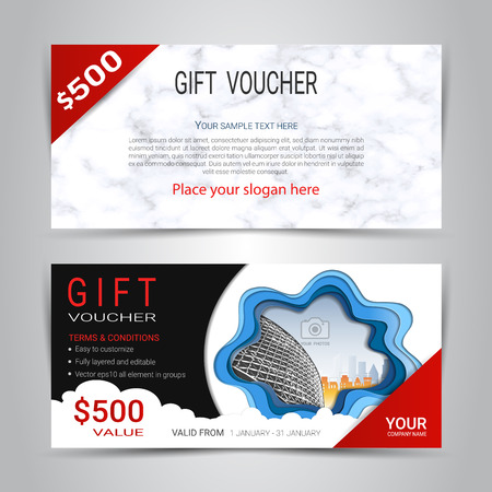 Gift certificates and vouchers, discount coupon or banner web template with marble texture imitation background, clean and modern pattern design for make an image of the product your company offers.のイラスト素材