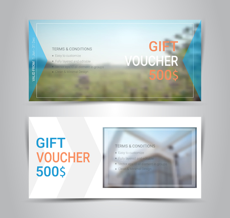 Gift certificates and vouchers, discount coupon or banner web template with blurred background gradient mesh for make an image of the products your company offers (Blurred photo for an example)のイラスト素材