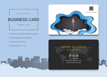 Startup business card or name card template. Simple style also modern and elegant with abstract rocket launch background. It's fully layered and editable, easy to customize it to fit your needs.のイラスト素材