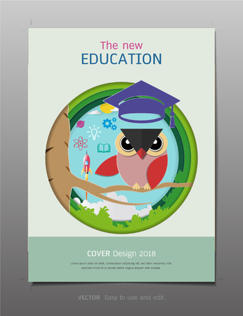 Covers design template, Inspiration for education and learning concept, Owl teacher with graduation cap, Space rocket launch and knowledge icons, Symbol of wisdom and educational (Paper art style)のイラスト素材